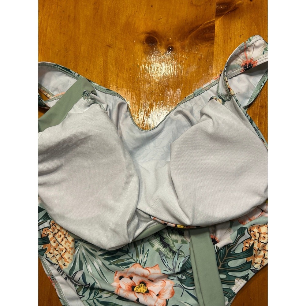 Tropical Floral Pineapple One Piece Swimsuit Sage Green Wrap Tie Large Boho Chic - Picture 7 of 11